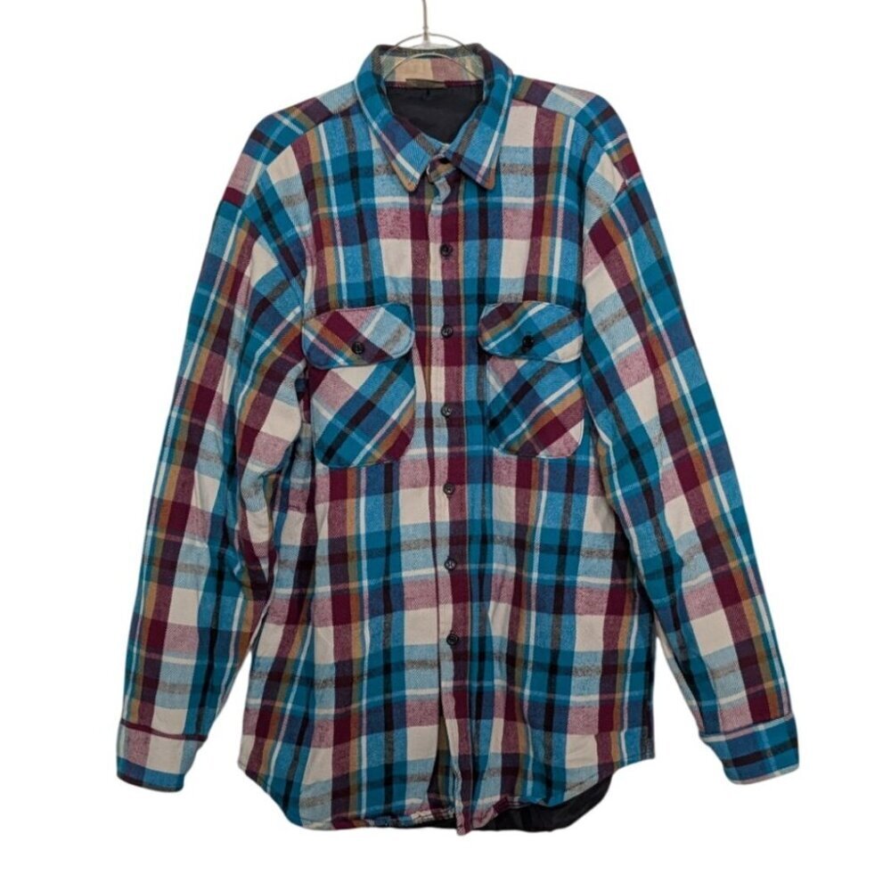 Vintage Five Brother Flannel  Plaid Shirt Mens Tall Size Large Blue Quilted